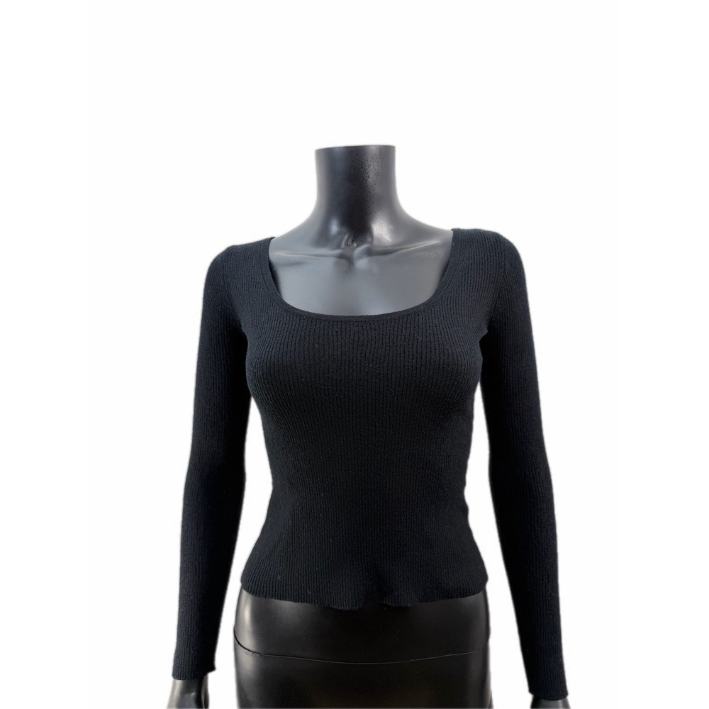 Madewell Ribbed Scoop Neck Long Sleeve Top Black‎ Slim Fit Stretch Size M